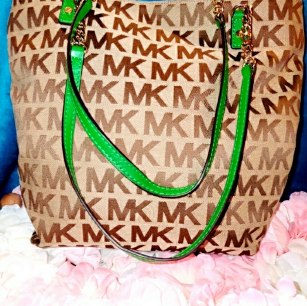 Michael Kors Brown MK Monogram Tote with Green Strap Accents EUC - Picture 5 of 6